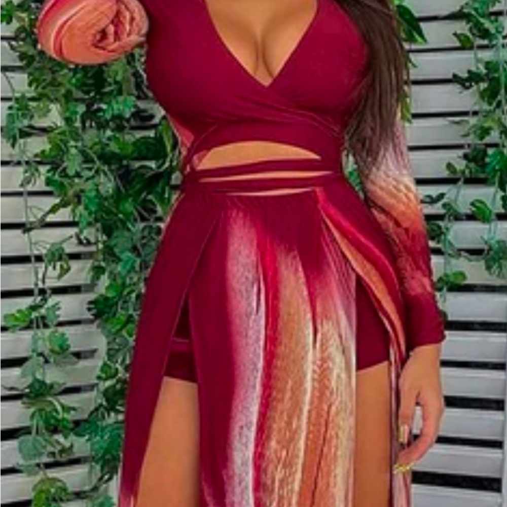 Burgundy and Cream Wrap Dress